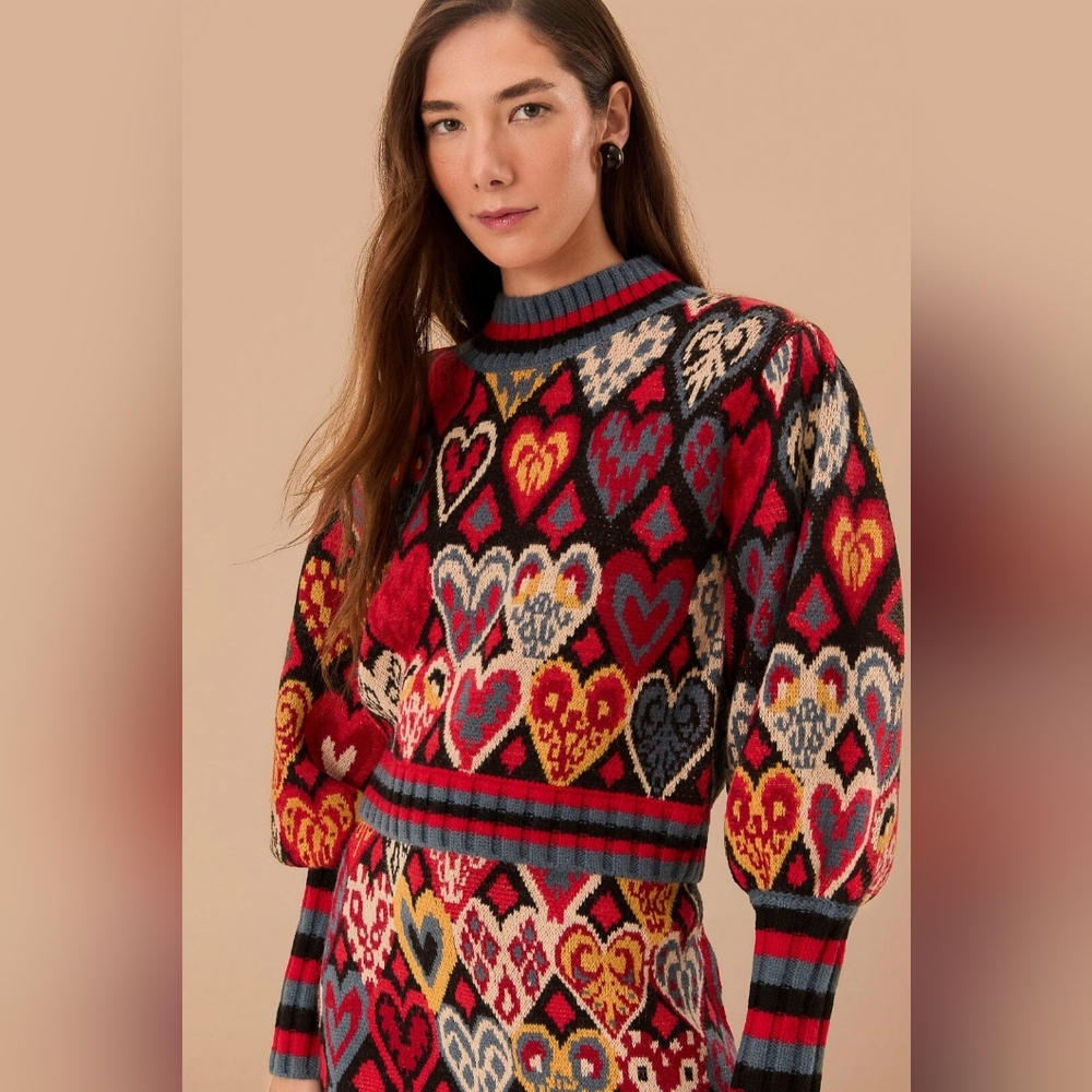 Bundle Farm Rio Black Hearts Ikat Knit Sweater and Skirt In Size Large. - Picture 4 of 16